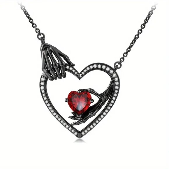 NEW Gothic Skeleton Hand Red Crystal Heart Pendant Necklace Black Gothic Jewelry - Picture 4 of 4
